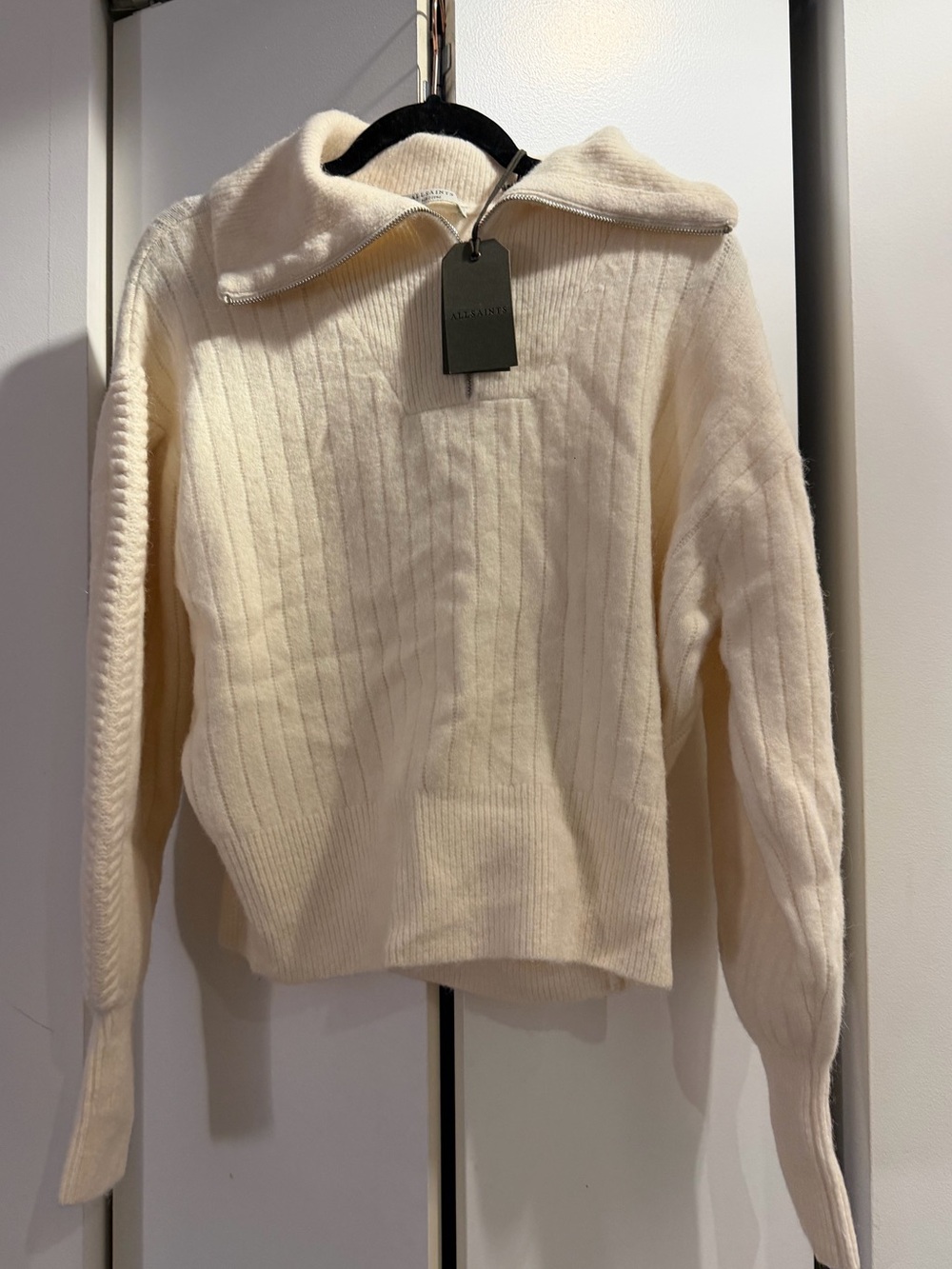 AllSaints Cream Ribbed Cowl-Neck Sweater